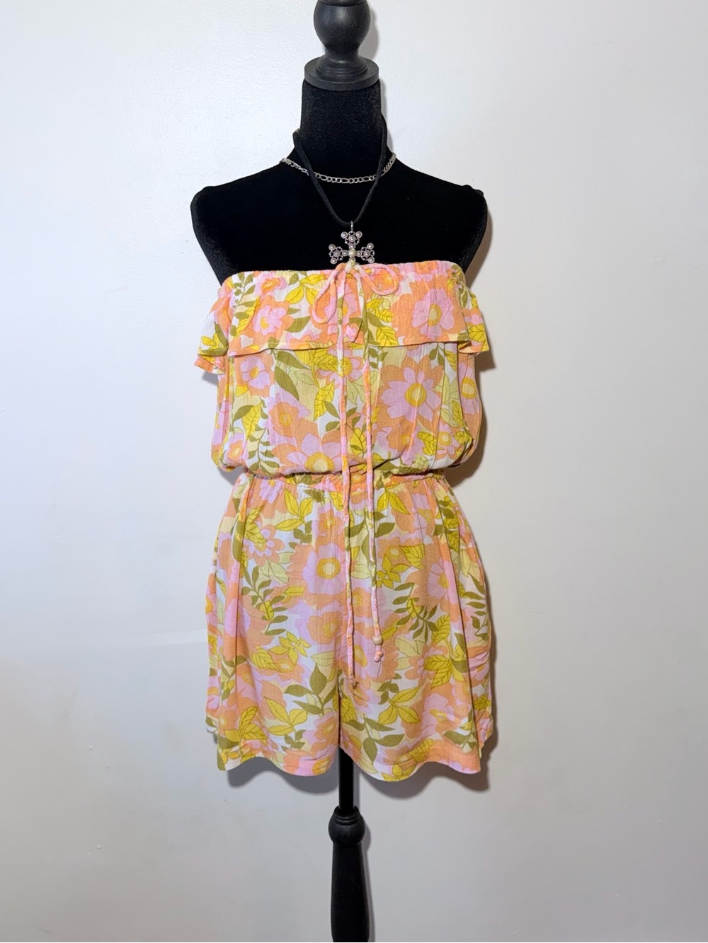Girls Pink Floral Strapless One-Piece Romper